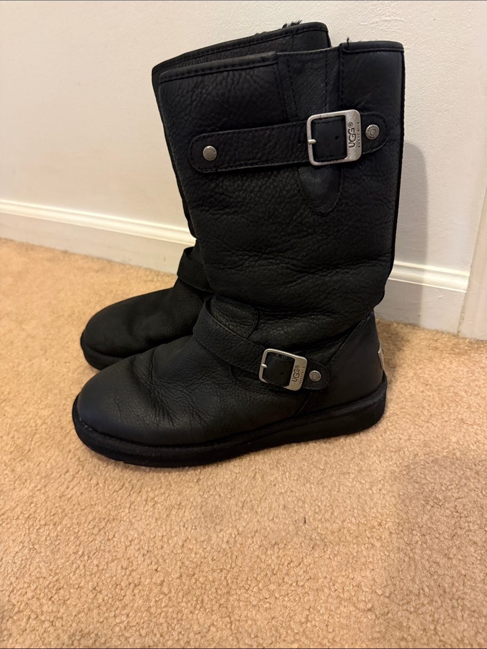 UGG Black Leather Mid-Calf Boots with Silver Buckles